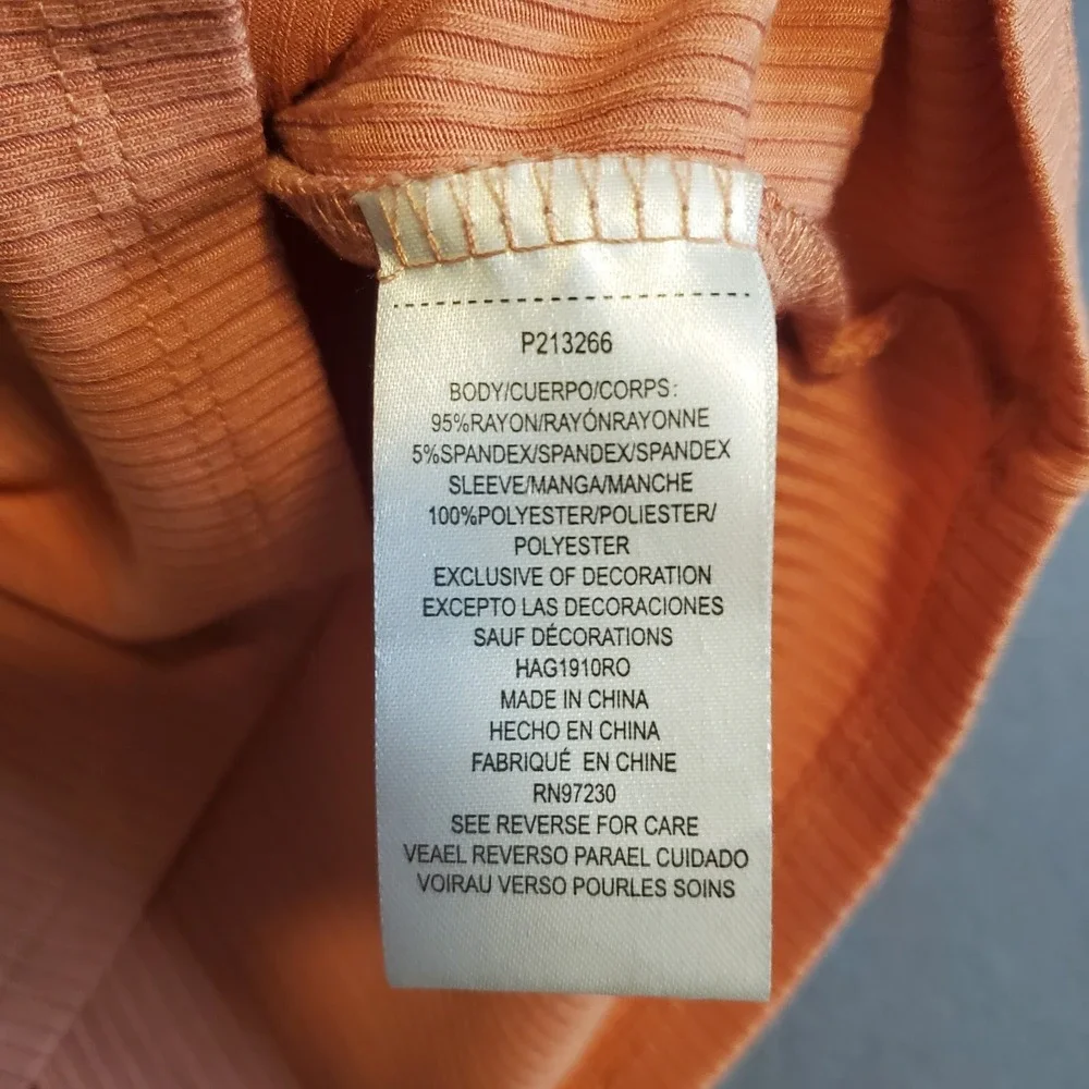 Absolutely Famous S Peach Ribbed Shirt Sheer Eyelet Floral Puffy Short Sleeve